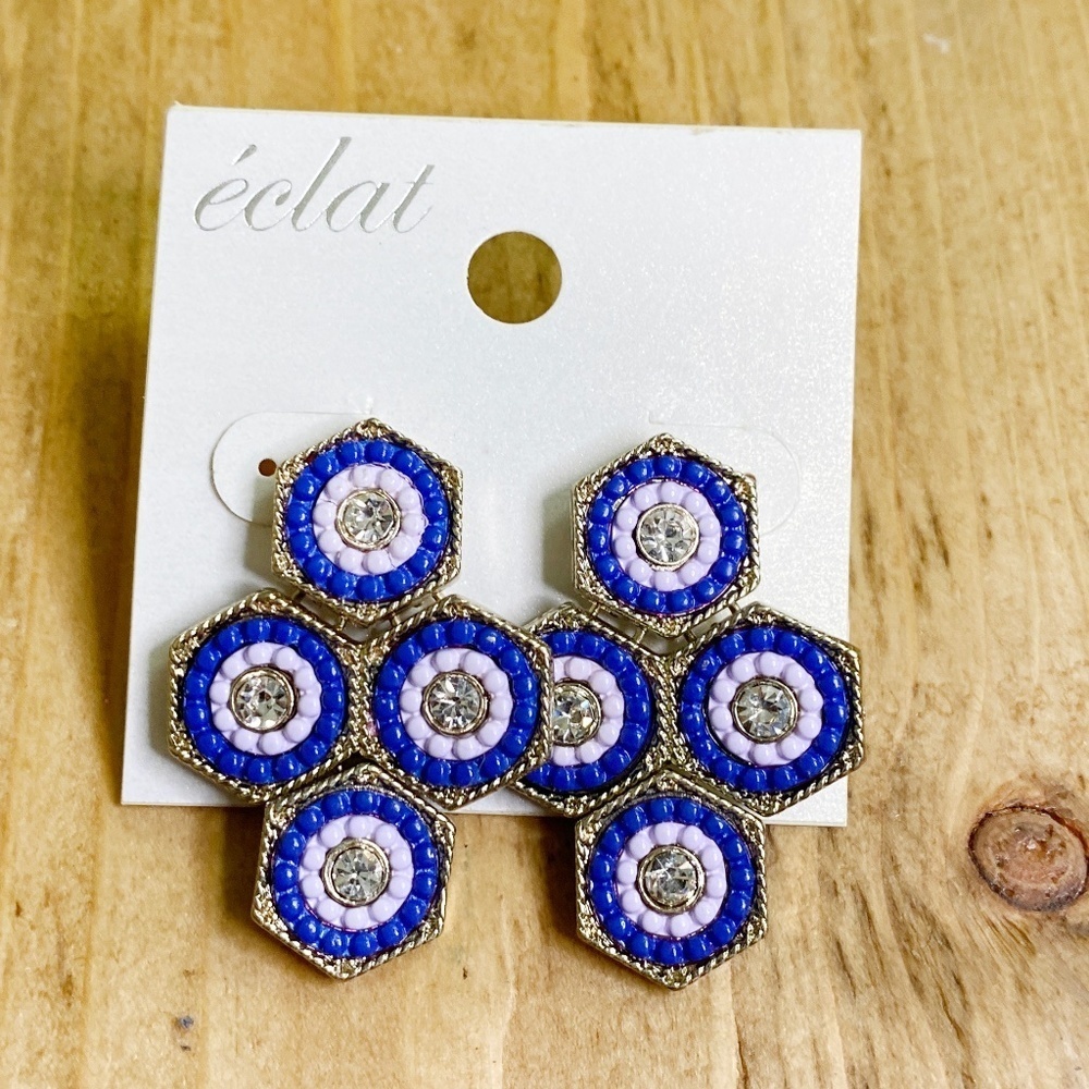 Clat Mosaic Earrings Swarvoski Pierced Medallions Beads Gold Trimmed
